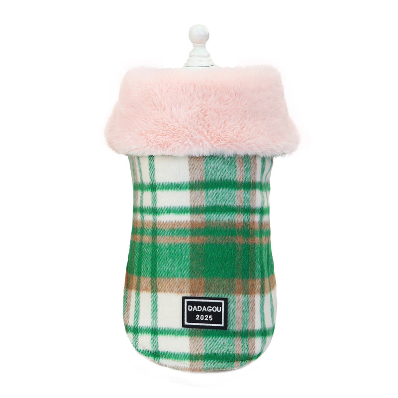 Toby's Designer Wool blend Plaid PeaCoat With Pink Faux Fur Collar